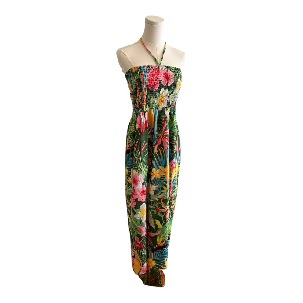 Gypsie Blu Tropical Printed Smocked Boho Maxi Summer Dress Size Medium